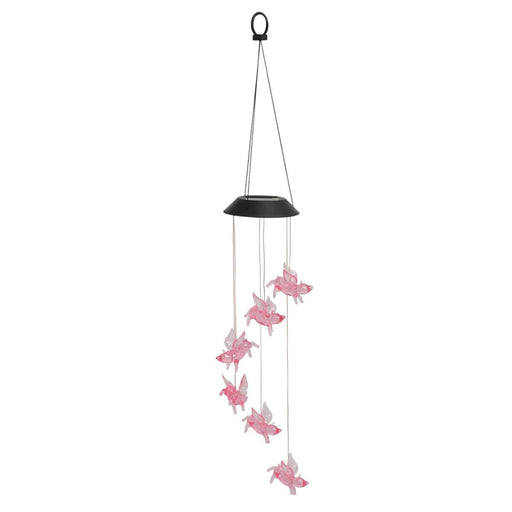 Solar-powered wind chime with pink butterfly designs on a white background