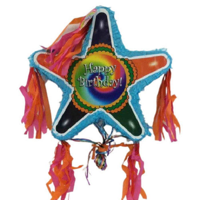 Colorful star-shaped birthday piñata with 'Happy Birthday!' text on a white background