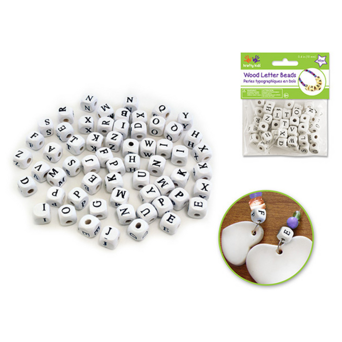 A scattered pile of white wood cube alphabet beads with black letters, shown with packaging and a sample project using the beads to create personalized charms.