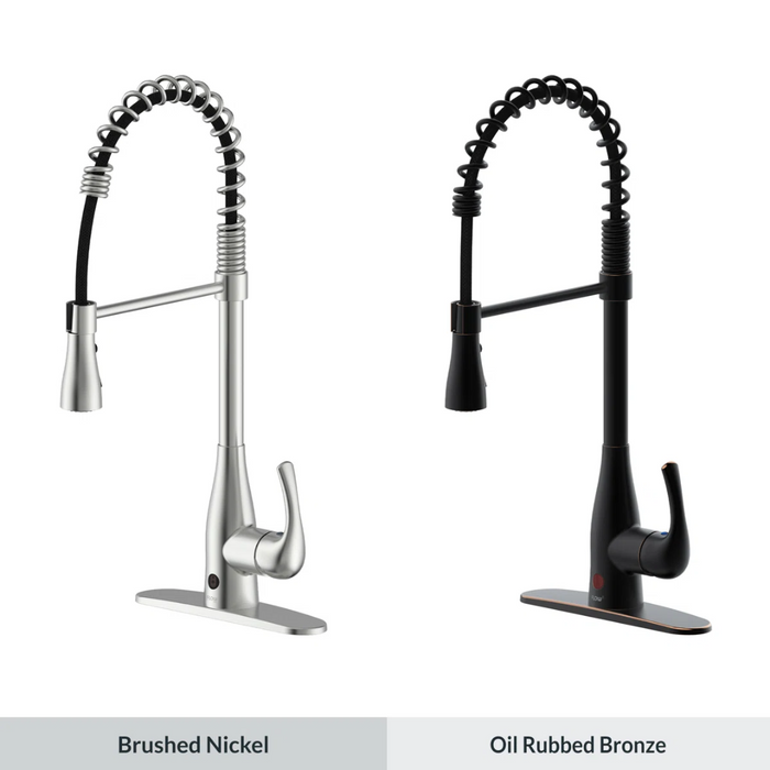 Two kitchen faucets, one in brushed nickel and one in oil rubbed bronze, on a white background.