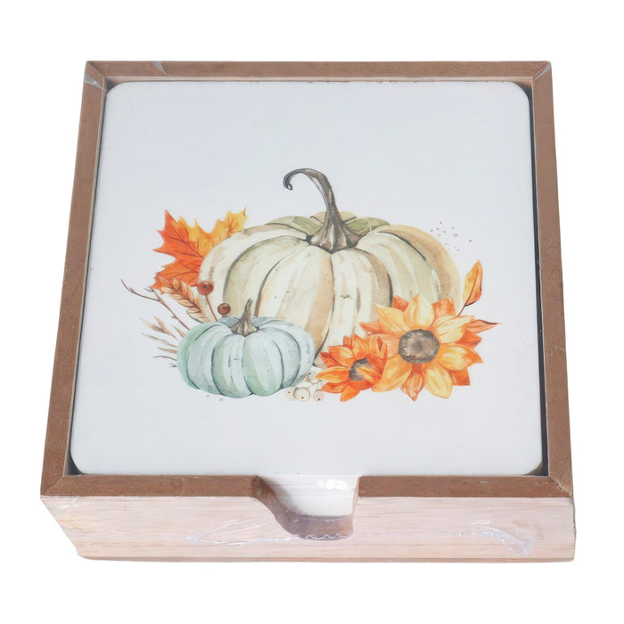 A square decorative box with a light wood frame and a white front panel featuring a painted autumn scene of two pumpkins, orange flowers, and fall leaves.