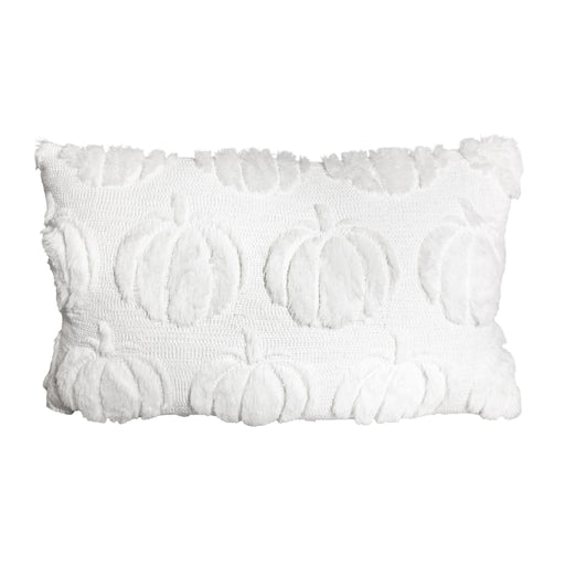 A square white decorative throw pillow featuring a textured raised pumpkin pattern and fringed edges, shown against a plain white background.