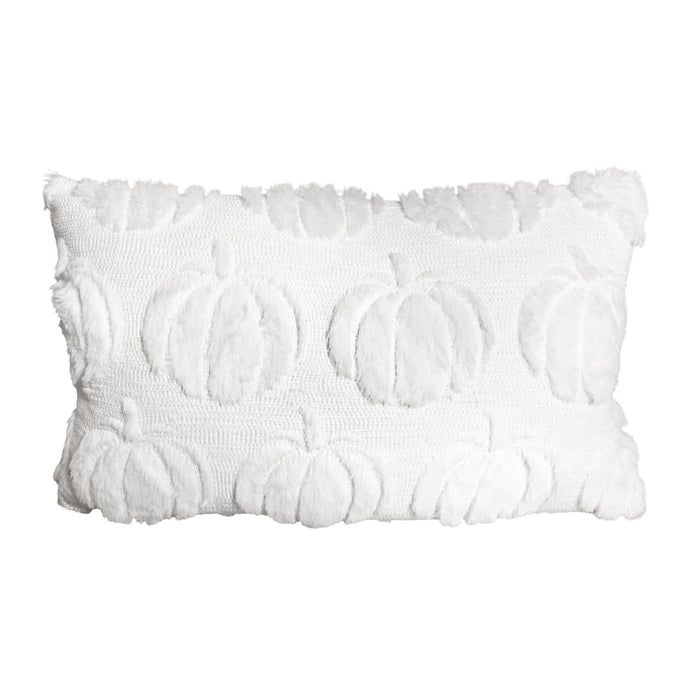 A square white decorative throw pillow featuring a textured raised pumpkin pattern and fringed edges, shown against a plain white background.