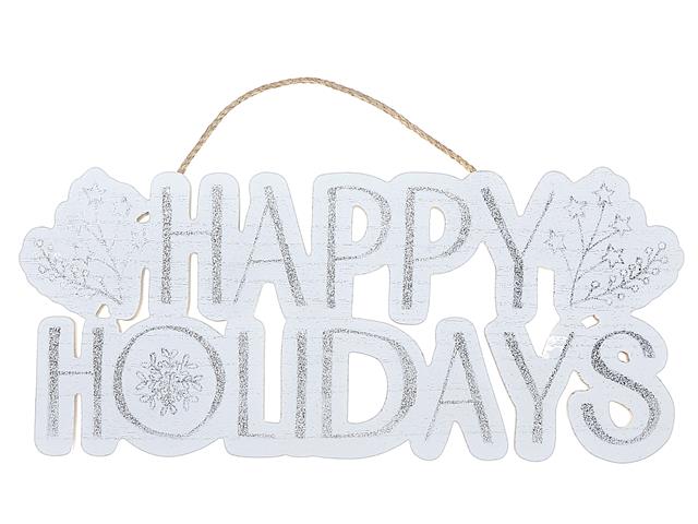 WOODEN HAPPY HOLIDAYS WHITE AND GLITTER SIGN