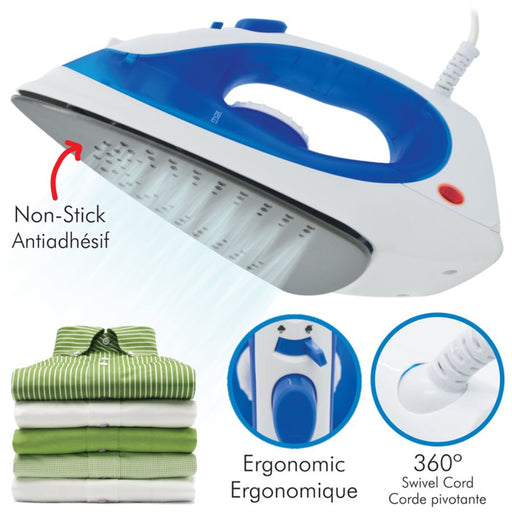 White and blue iron with features highlighted on a white background