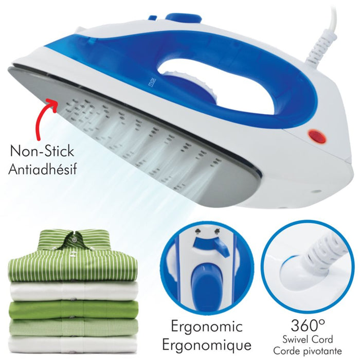 White and blue iron with features highlighted on a white background