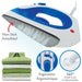 White and blue iron with features highlighted on a white background
