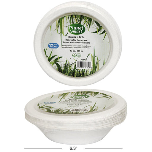 Planet Smart disposable bowls with grass design on the label and dimensions displayed below.