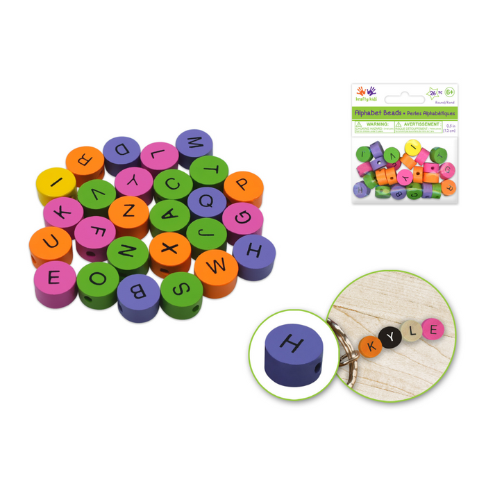 Set of 26 round brightly colored alphabet beads (purple, pink, green, orange) with black lettering; shown loose, in retail packaging, and used in a keychain.