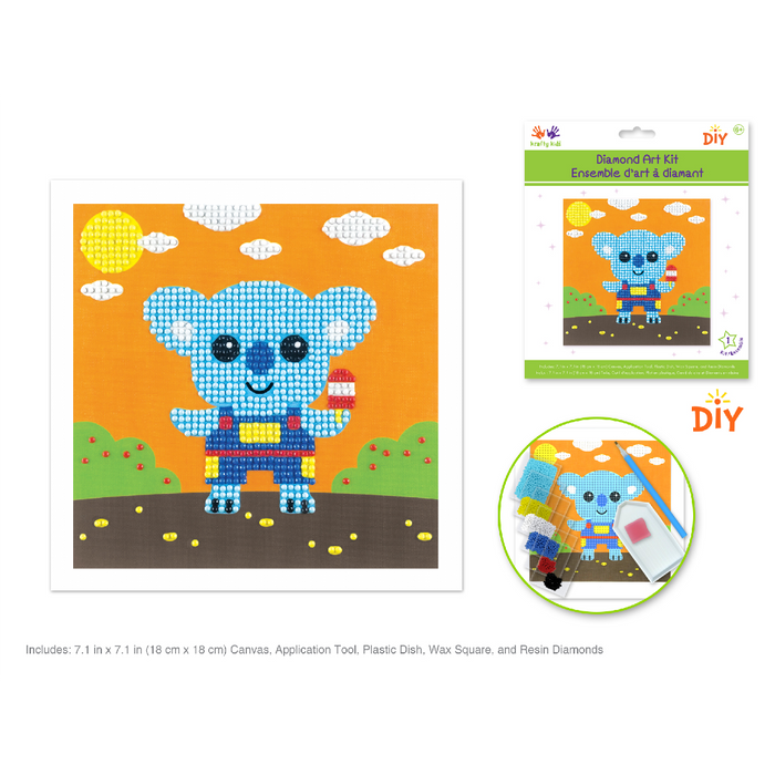 Diamond art kit with a cute blue koala holding ice cream on a sunny background; kit includes dish, wax, tool, and gems.