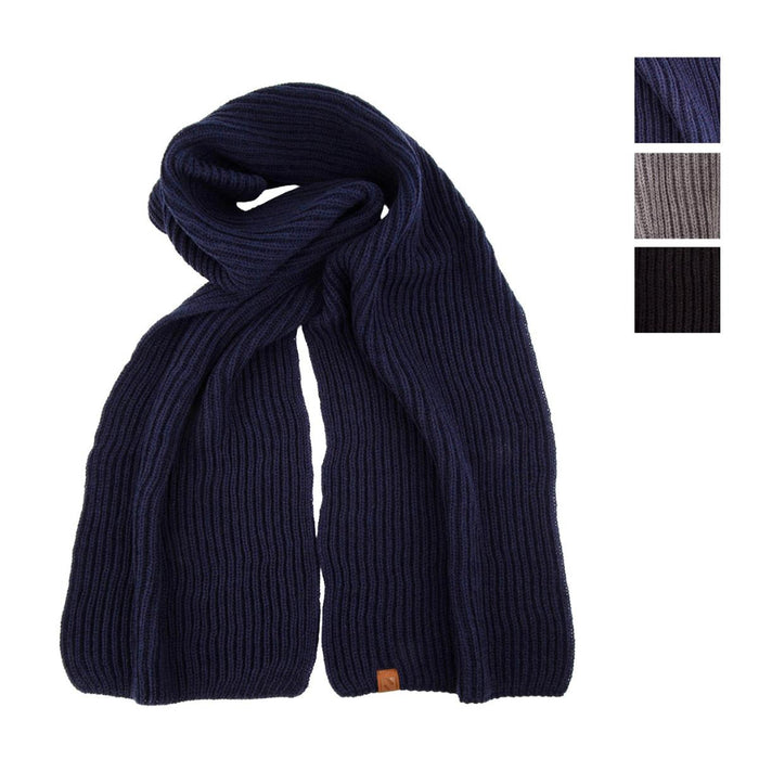 A navy blue ribbed knit scarf with a small brown leather tag, displayed on a white background with three color swatches in the top right corner showing navy, gray, and black options.