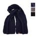 A navy blue ribbed knit scarf with a small brown leather tag, displayed on a white background with three color swatches in the top right corner showing navy, gray, and black options.