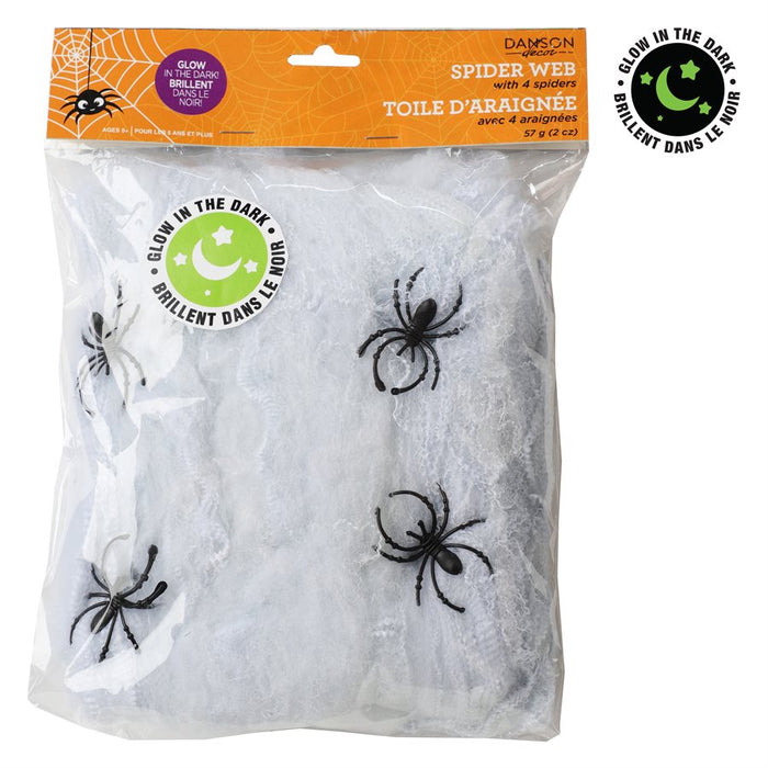 GLOW-IN-THE-DARK SPIDER WEB WITH 4 BLACK SPIDERS