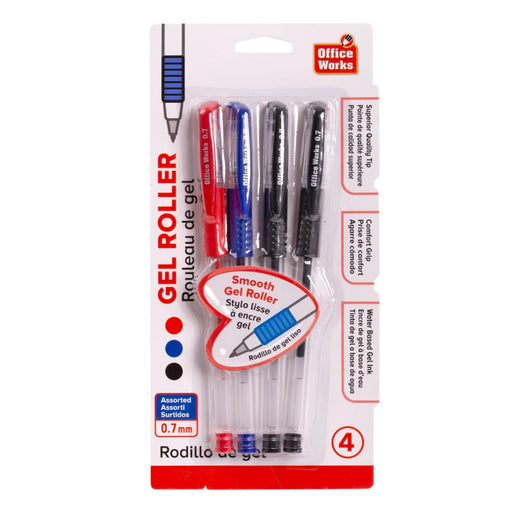 Pack of four gel roller pens with Office Works branding on a white background