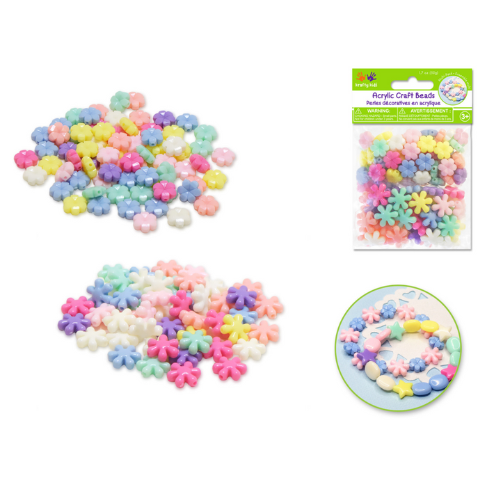 Collection of colorful acrylic flower beads in assorted pastel colors like peach, lavender, aqua, and white. Includes packaging and a sample bracelet with mixed bead shapes including stars and flowers.