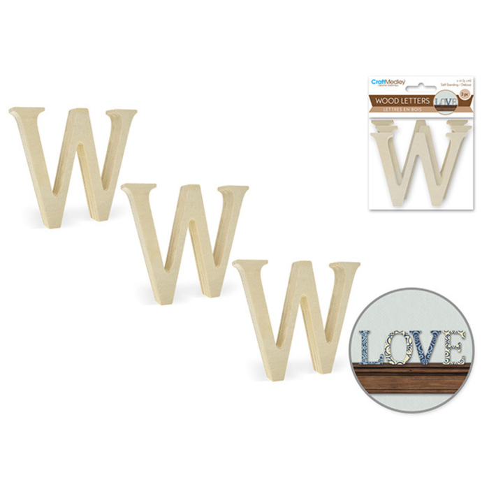 Set of wooden letters 'W' with packaging and a decorative use example on a white background.