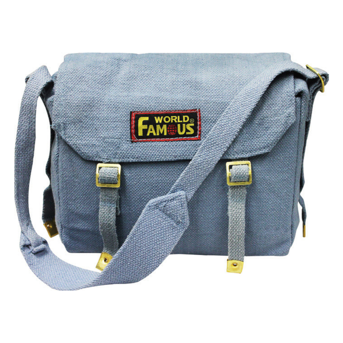 Gray shoulder bag with 'World Famous' logo on a white background