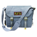 Gray shoulder bag with 'World Famous' logo on a white background