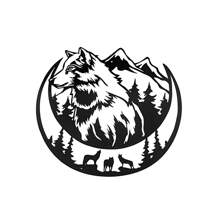 Black metal wall art featuring a wolf in a crescent moon with mountain and forest design.