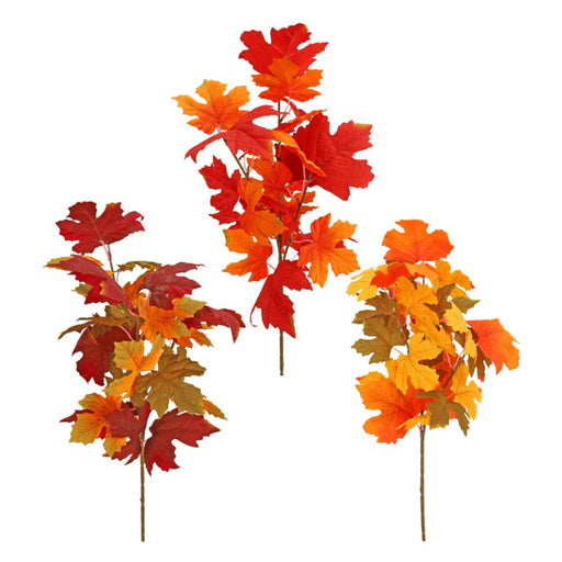 Three artificial autumn maple leaf branches in red, orange, and yellow tones on a plain white background.