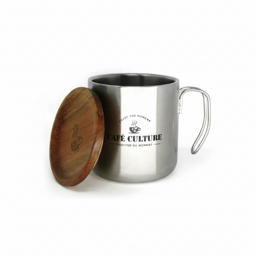 Stainless steel mug with wooden lid and 'Café Culture' branding on a white background