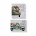 Two square canvas wall art pieces with a rustic fall theme. The top canvas reads 'HELLO FALL' and shows a teal pickup truck loaded with pumpkins on a whitewashed wood background.