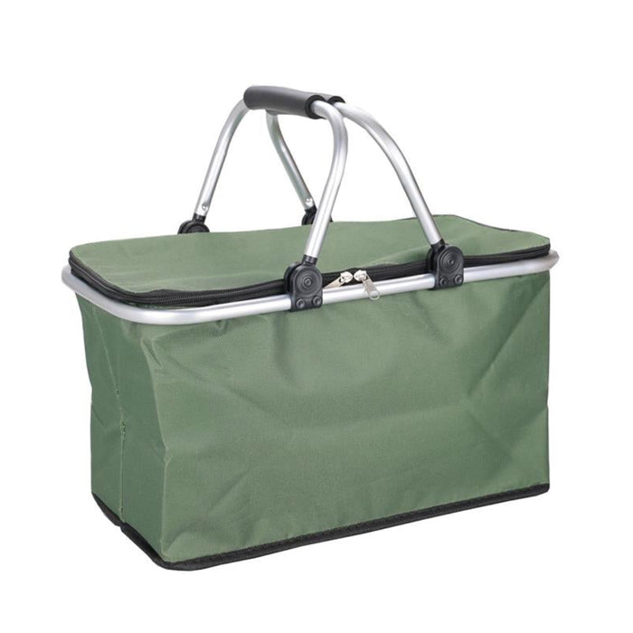 A green collapsible soft side cooler basket with a metal frame and a zipper closure.