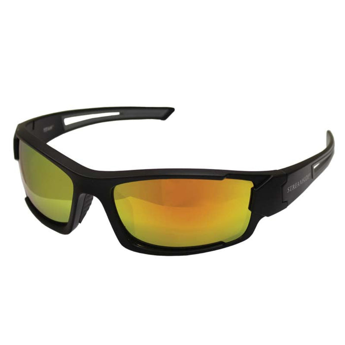 Streamside Polarized Sunglasses Titan Revo Red with black wraparound frame and mirrored red-orange lenses.