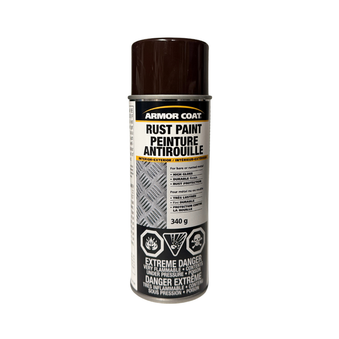 A can of Armor Coat Rust Paint in Brown Gloss, 340g aerosol spray, high-gloss finish for metal surfaces.