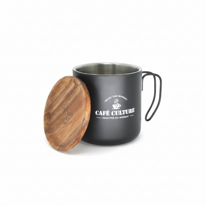 Black mug with wooden lid and 'Café Culture' branding on a white background