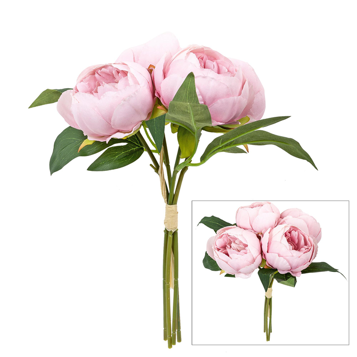 Bouquet of pink peonies with green leaves on a white background