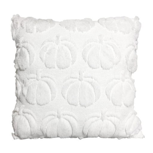 A square white throw pillow featuring a textured, raised pumpkin pattern and a ruffled trim, shown against a plain white background.