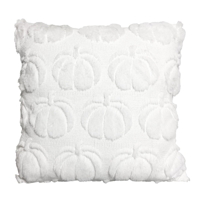 A square white throw pillow featuring a textured, raised pumpkin pattern and a ruffled trim, shown against a plain white background.