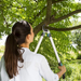Person using garden shears to trim a tree in a garden setting
