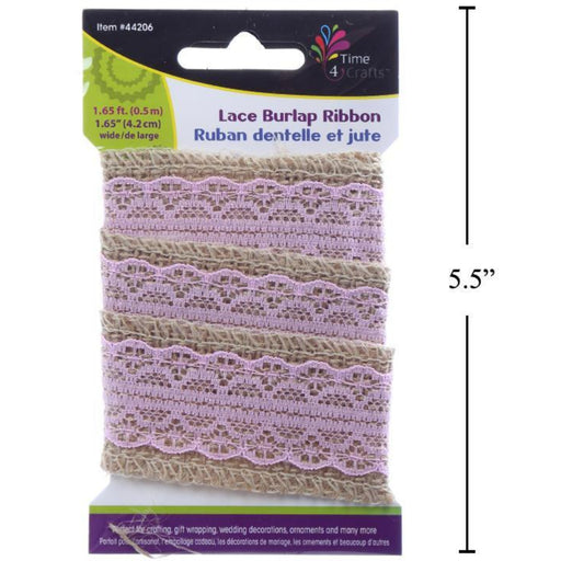 Package of lace burlap ribbon with dimensions on a white background