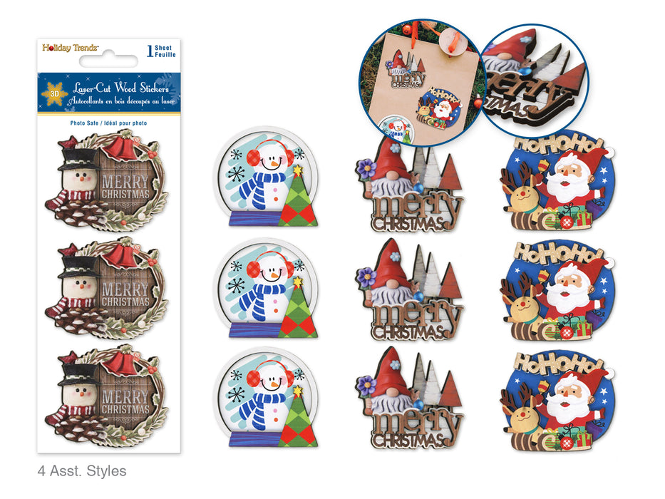 HOLIDAY STICKERS: 3.1"X6.1" 3D LASER-CUT WOOD INSPIRATIONS ASST12EAX4STYLE A) HOLIDAY ICONS