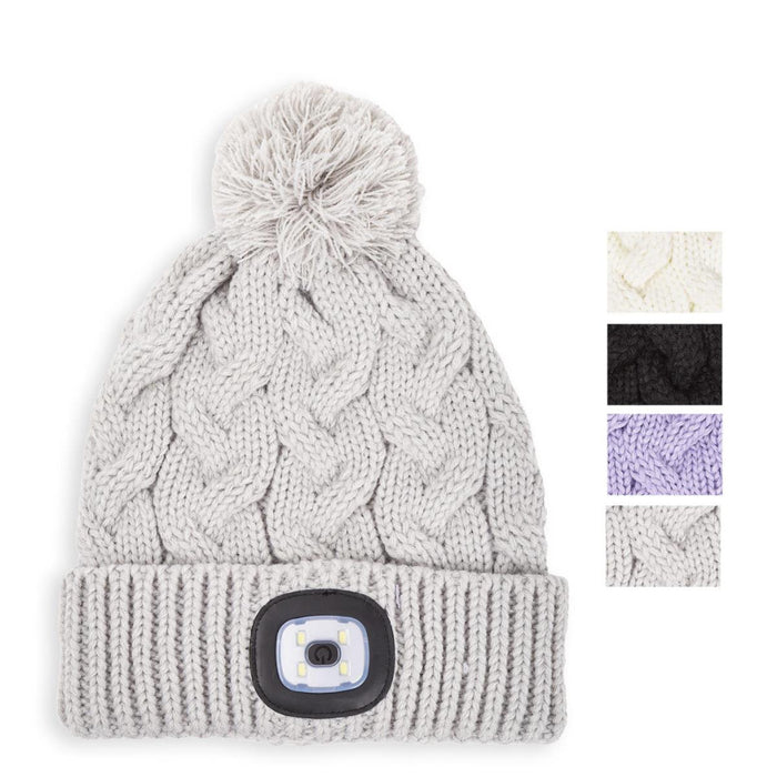A light gray cable-knit pom-pom beanie with a built-in LED light on the front cuff, shown on a white background with four small color-option swatches on the right.