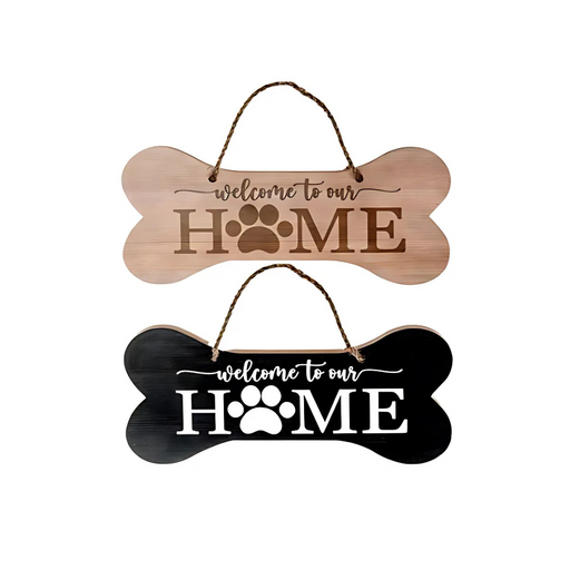 Two assorted dog bone–shaped welcome signs with paw print designs and rope hangers.