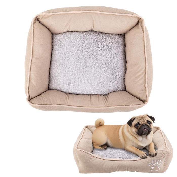 Beige pet bed with a fluffy interior and a pug sitting on it.