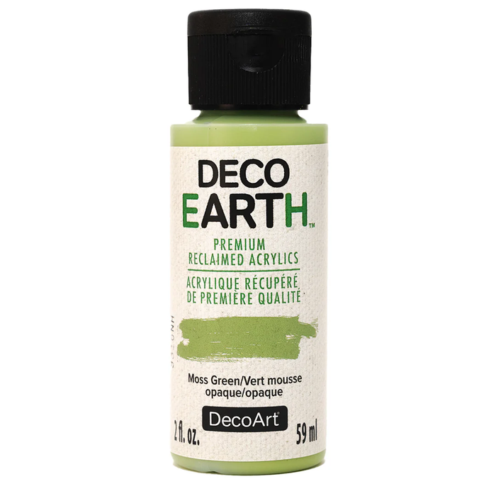 Bottle of Deco Earth acrylic paint in Moss Green on a white background