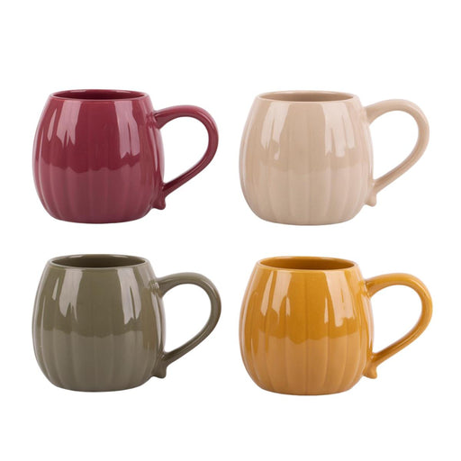 Four ribbed ceramic mugs arranged in a 2x2 grid on a white background, shown in burgundy, cream, sage green, and mustard yellow.
