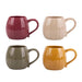 Four ribbed ceramic mugs arranged in a 2x2 grid on a white background, shown in burgundy, cream, sage green, and mustard yellow.