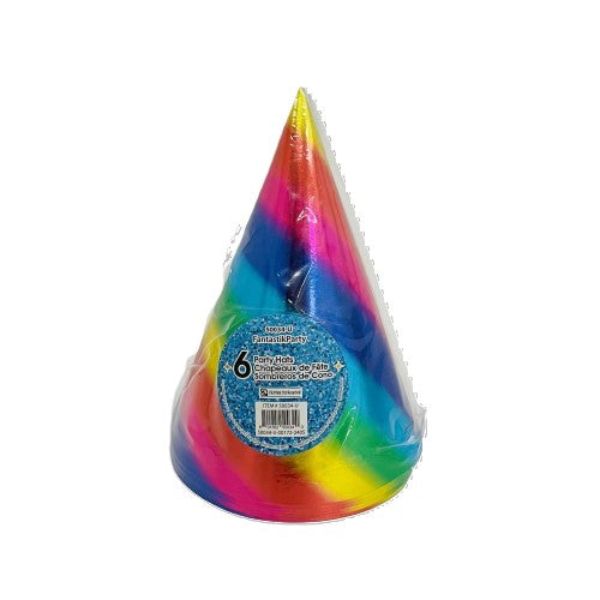 Colorful party hat with a label on a white background
