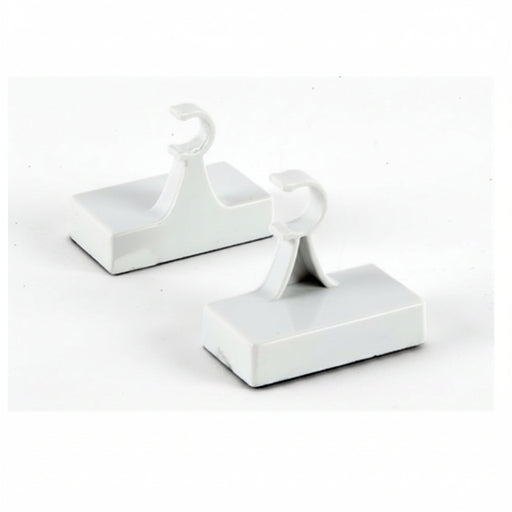 Two white plastic hook-shaped wall hooks with rectangular bases, shown on a plain white background.