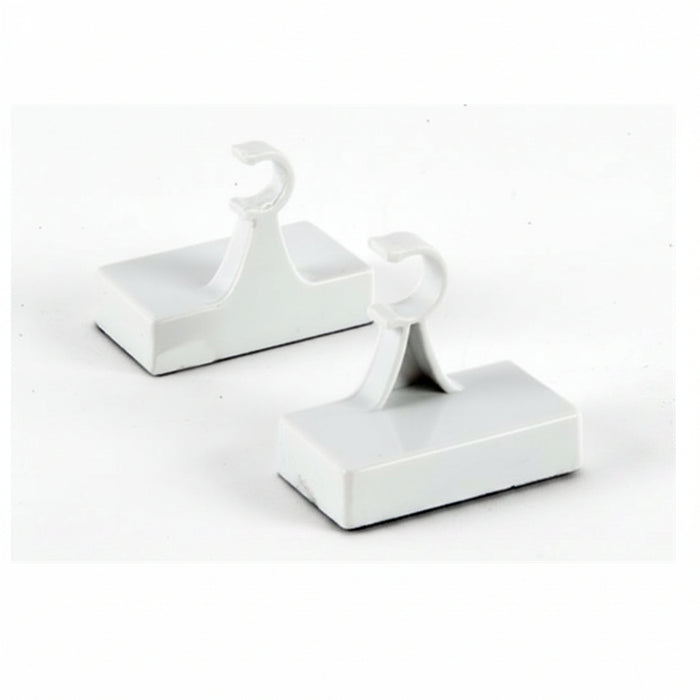 Two white plastic hook-shaped wall hooks with rectangular bases, shown on a plain white background.