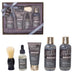Men's grooming product set with bottles and a brush on a white background