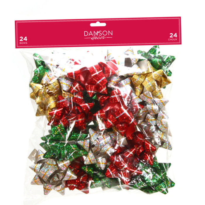 Packaged Christmas bows in red, green, and gold by Damson Decore on a white background.