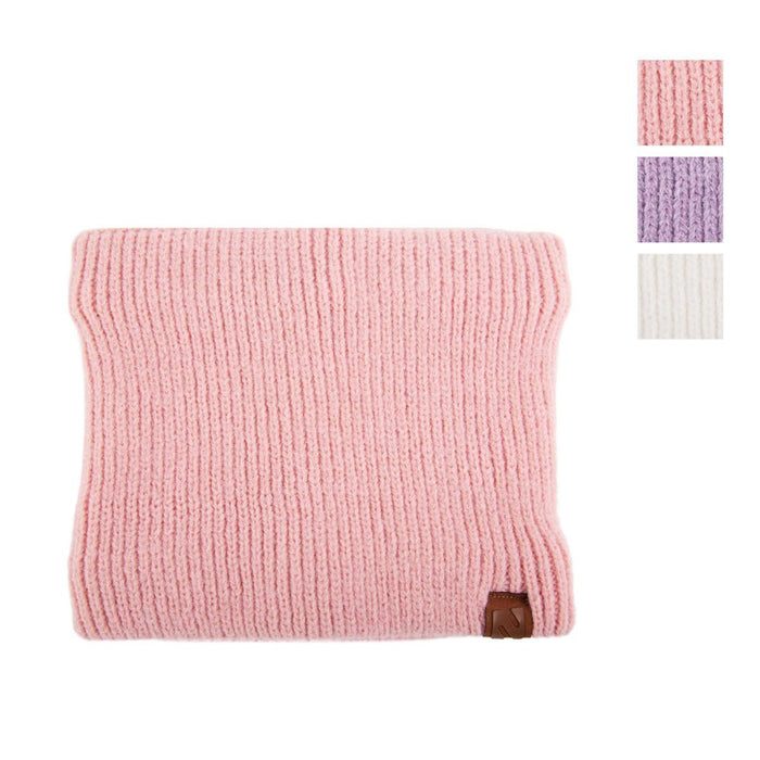 A pink ribbed knit beanie hat with a small brown leather logo tab, shown on a white background with three color swatches in the top right corner.