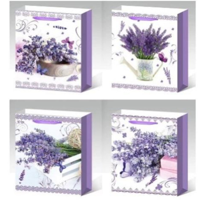 Four lavender-themed gift bags arranged in a 2x2 grid on a light gray background. Each bag features floral illustrations of purple lavender, decorative borders, and purple side panels.