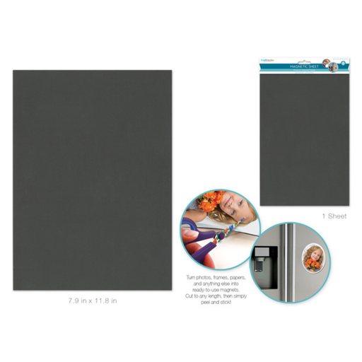 Magnetic sheet packaging with a gray sheet and product usage examples on a white background